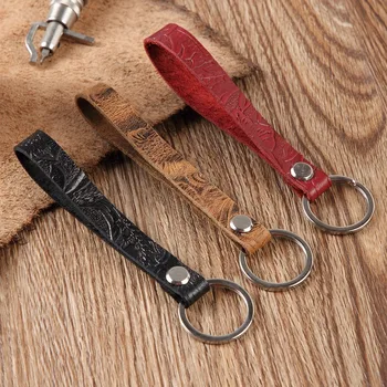 

Key chain custom Keychain leather top layer leather carving pattern long handle key ring