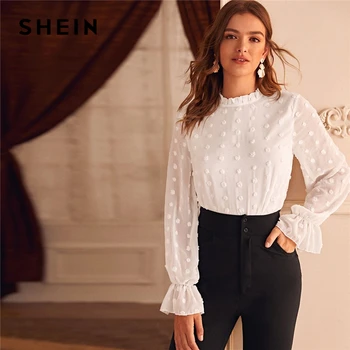 

SHEIN White Swiss Dot Flounce Sleeve Solid Blouse Women Spring Summer Frilled Collar Office Ladies Elegant Blouses and Tops