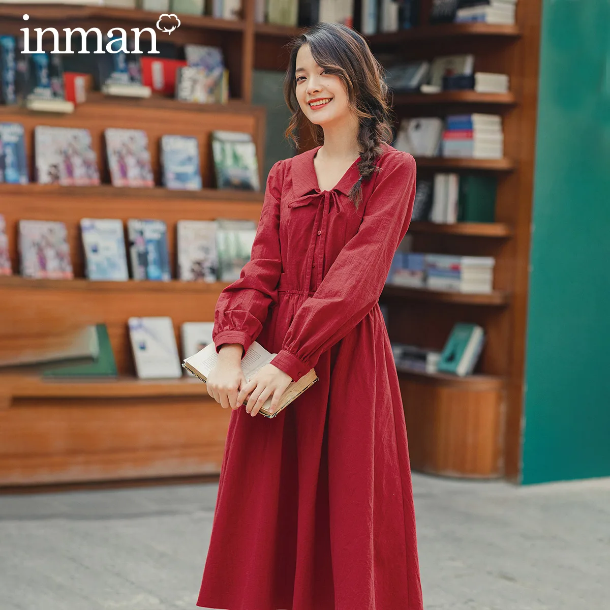 

INMAN 2020 Spring New Arrival Literary Artistic Turn Down Collar Tied A Line Fitting Waist Wrinkled Tighten Sleeve Women Dress