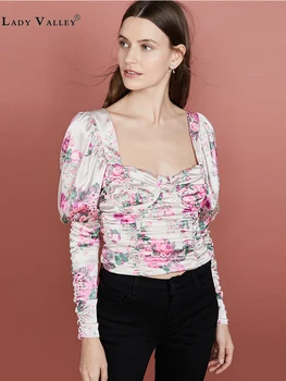 

French Romance Western-style Print Sexy Leak Back Square Collar Shirt Ladies Short Spring Waistband Bandage Thin Puff Sleeve Top