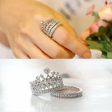 Женская мода Королева Корона бриллиантовое кольцо набор кристалл серебряные ювелирные изделия из двух частей