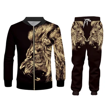 CJLM Casual Men's Tracksuit Hoodie Pants 3D Printing Two-piece Winter Jacket Men Loose Large Size Black Animal Lion Suit Sports 2