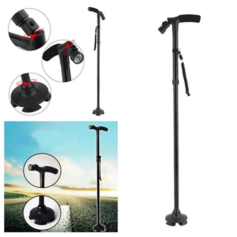Walking Stick Folding Cane Anti Slip Metal with Light Outdoor Travel Stick Strap Hiking Free Standing EE Q E Hot