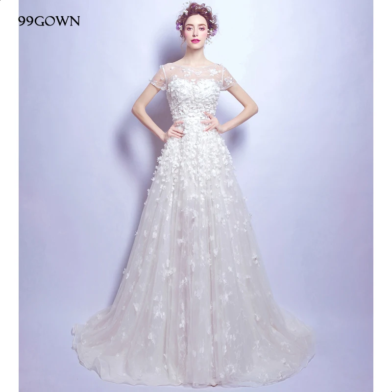 99GOWN Elegnt Backless Lace-Up Short Sleeve Wedding Gown Women Luxury Court Train Dress | Свадьбы и торжества