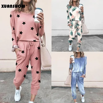 

BJYL 2020 Spring Autumn Tracksuit Women Jogging Clothes Printed Flowers Two Piece Set Top and Long Pants Set Casual Suits