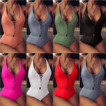 

2020 Lady's Belt One-piece Bikini Swimsuit V-Plunge Cross Straps Sexy Monokini Bodysuit Holiday Beachwear Bathing Suit Swimwear