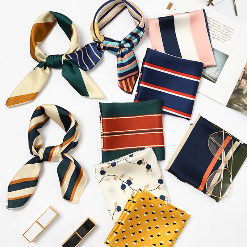 

50x50 cm High Quality Silk Scarf Women Small Soft Squares Decorative Head Scarf Multicolor Stripe Print Kerchief Neck Wrap Girls