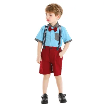 

New Fashion Baby Boys Sets Short Sleeve Shirts Solid Color Overalls Two Pieces Sets Bow-tie Shirts