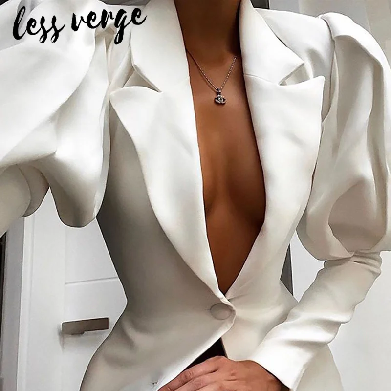 

lessverge Vinatge white blazer dress women Puff sleeve button elegant office ladies dresses Sexy v neck short party dress female