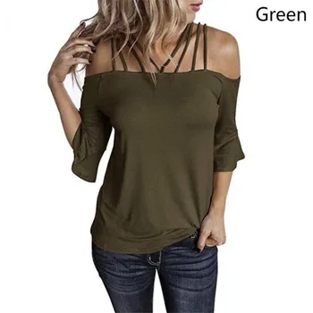 

Women's Sexy Loose Stitching Off Shoulder Strap Flare Sleeve t-shirt Female Casual Suspender Cross Collar Spring New Tops