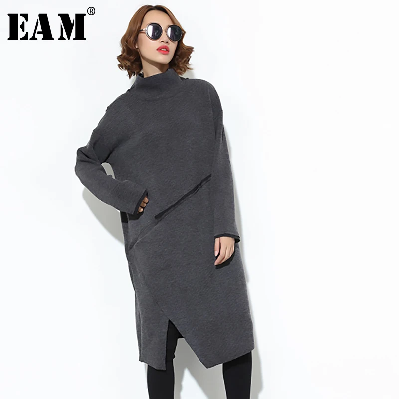 

[EAM] 2019 New Spring Winter High Collar Long Sleeve Vent Gray Knitting Irregular Split Joint Dress Women Fashion Tide JK305