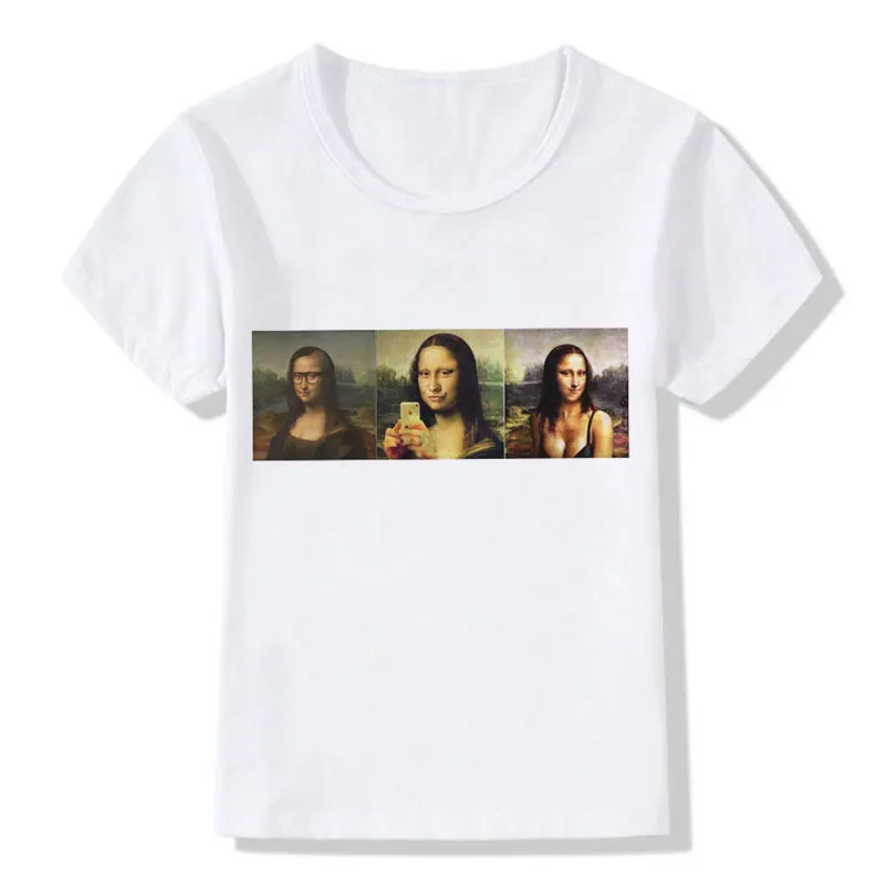 Летняя футболка детские милые Забавные топы с принтом Monla Lisa для девочек, модная футболка для мальчиков повседневная креативная футболка с круглым вырезом Kawaii