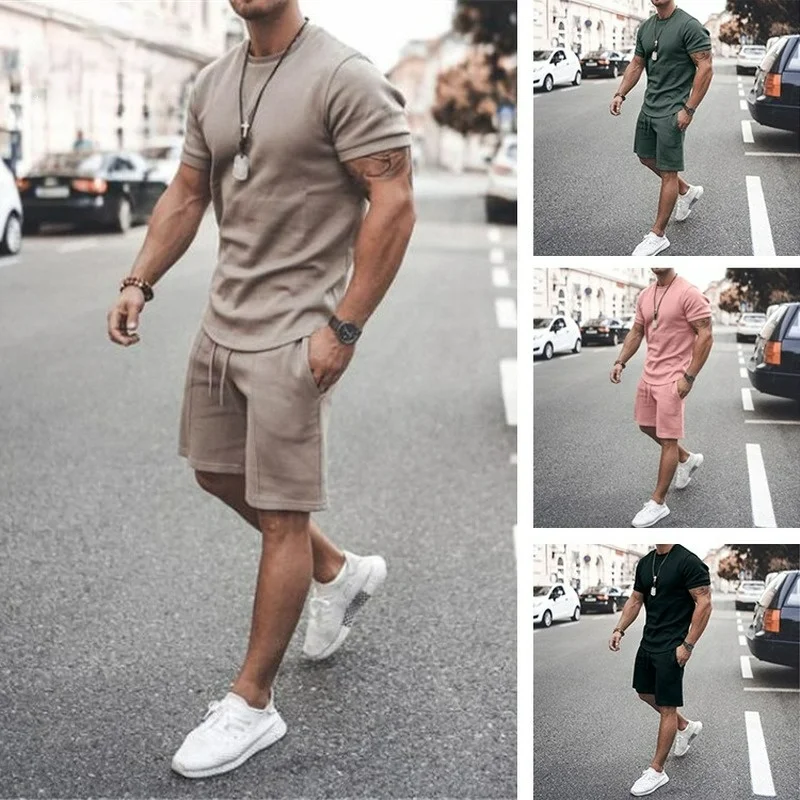 Ropa de verano para hombre, camiseta de manga y pantalones cortos de estilo europeo americano, traje deportivo informal de dos piezas, 2021 - AliExpress Ropa de hombre