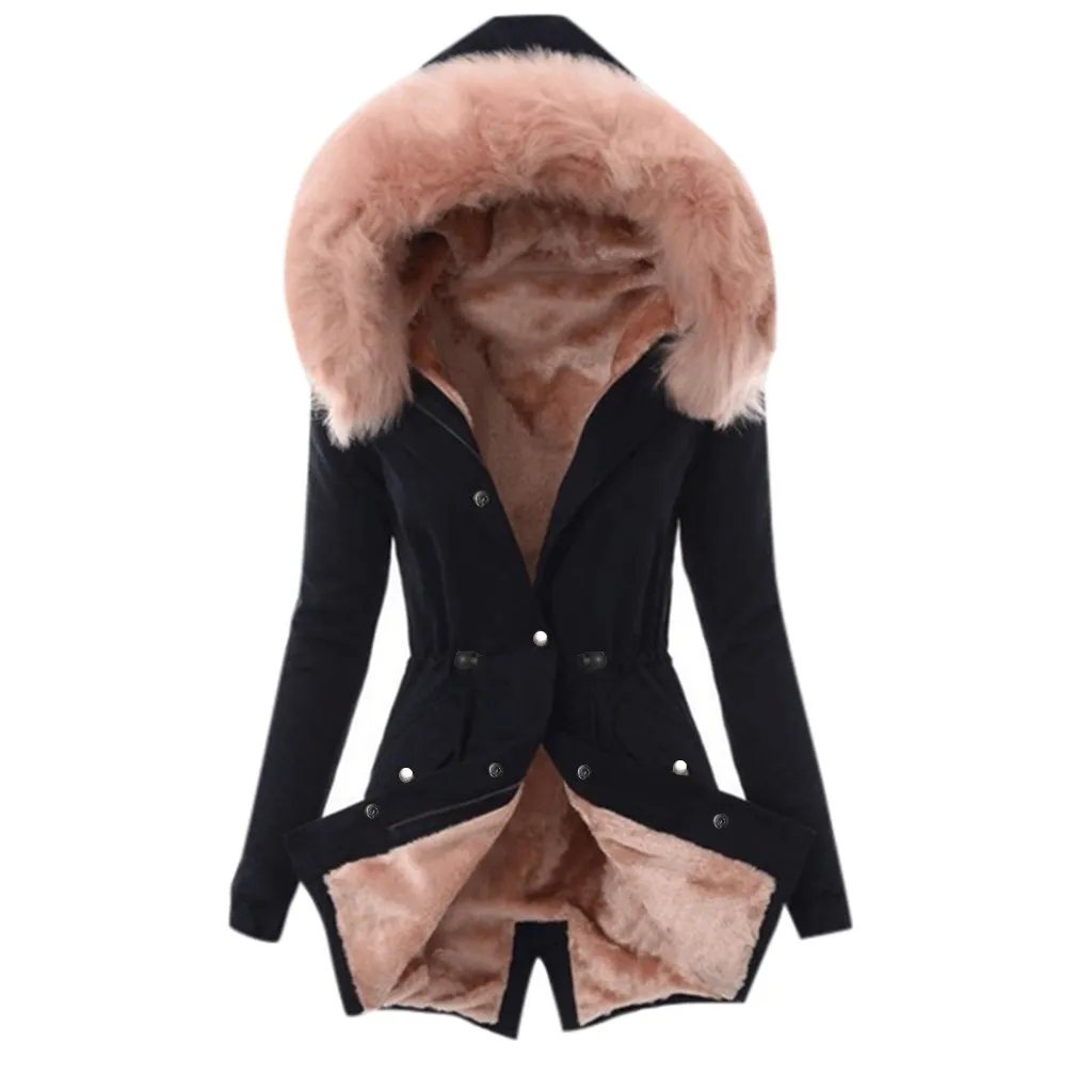 Ladies 2020 New Women Autumn Winter Fur Lining Coat Womens Winter Warm Thick Long Jacket Hooded Warm Vintage Overcoat Plus Size 1