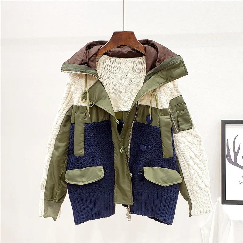 asshows TVVOVVIN New Fashion Autumn Jacket Women Hooded Collar Contract Color High Street Loose Casual Tide Knit Coat Female B728 - Цвет: asshows