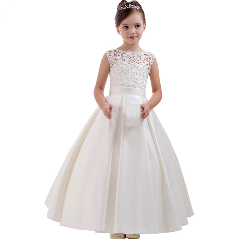 01 (1)Fashion Flower Girl Dresses Floor Length Ivory Applique Lace Satin sleeveless First Communion Girls Pageant Dresses