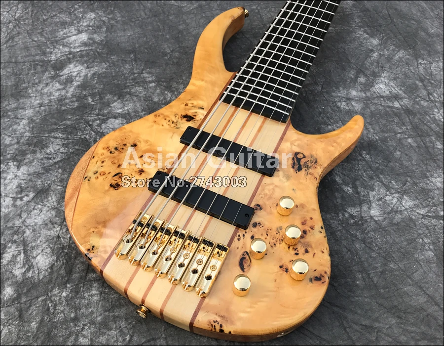 Вымершие 7 струн электрический бас, 11 шт. через шею, твердые Spalted кленовый заусенец, гриф из черного дерева, активные звукосниматели, реальные фото показывает