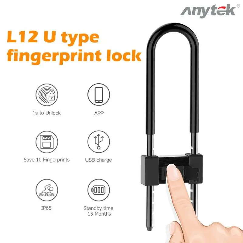 Anytek L12 отпечатков пальцев U замок IP65 Водонепроницаемый дверной USB Перезаряжаемый