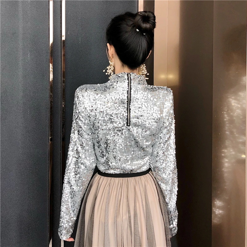 Европейский уличная весенне-осенняя ретро модная Блестящая серебряная водолазка женские топы Blusas