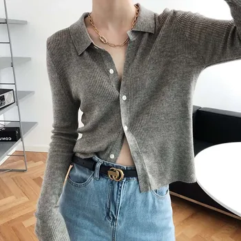 

French-Style Short Long-Sleeved Lapel Knitwear Women's 2020 Autumn New Style Slim-Fit Sweater Jacket