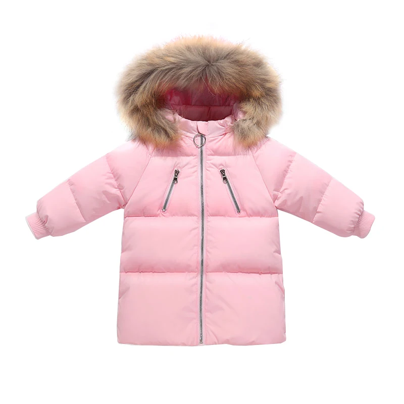 Pink Г., зимнее пальто для мальчиков теплая куртка-пуховик с меховым воротником и капюшоном для девочек, детская одежда плотная теплая Длинная зимняя одежда Зимний комбинезон - Цвет: Pink