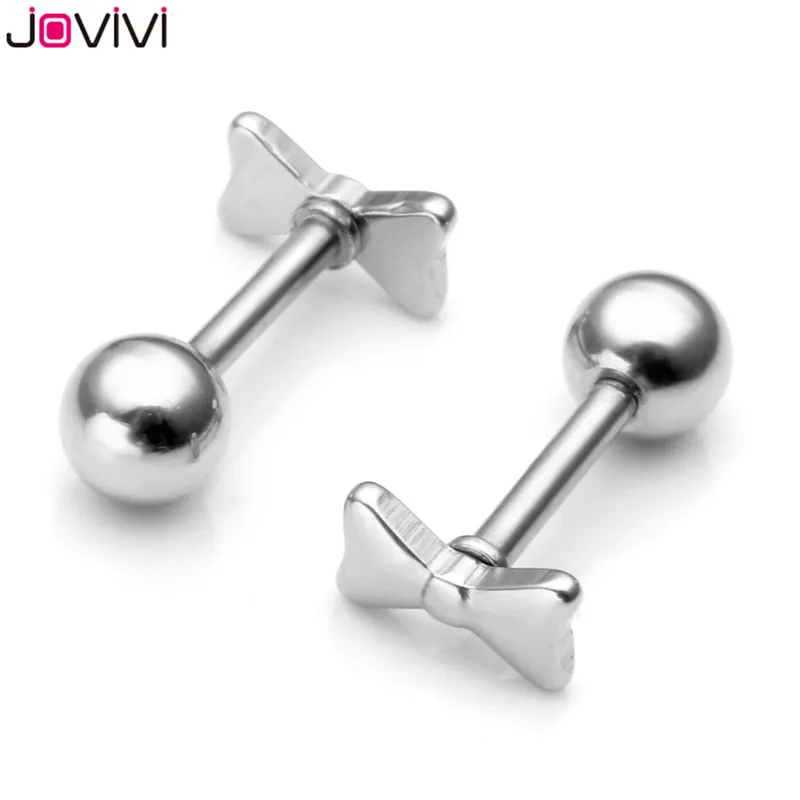 Jovivi 16G серьги-гвоздики из нержавеющей стали с бантом спиральный для хряща Бар пирсинг для пупка штанга серьги для пирсинга - Окраска металла: 1 pair Silver