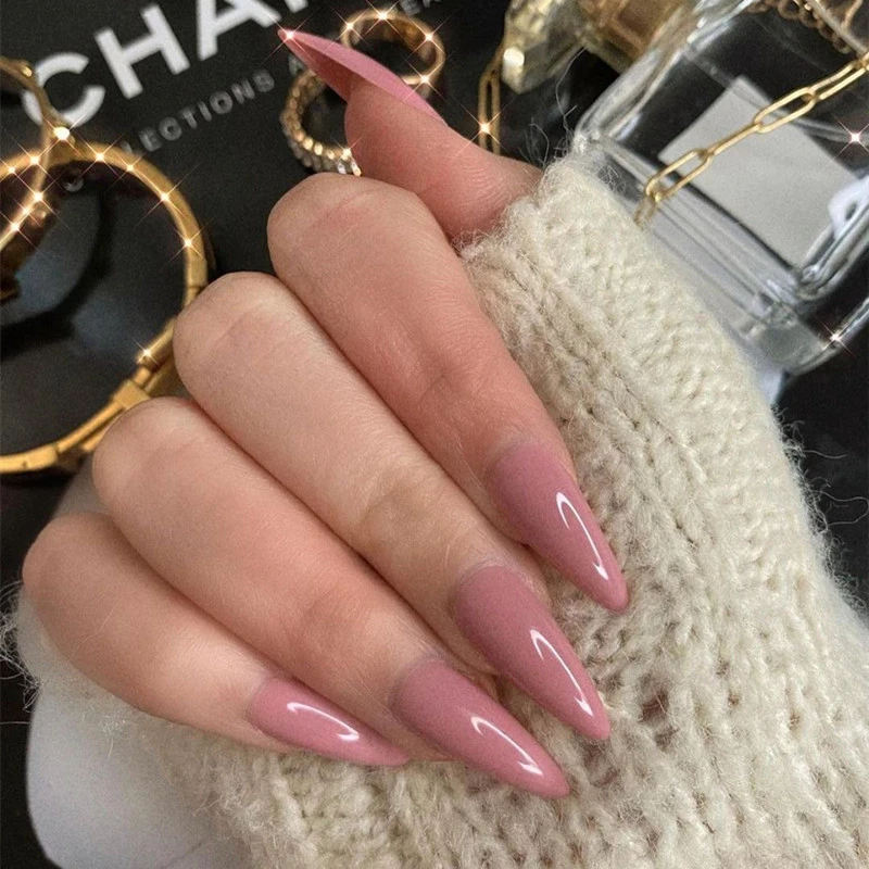 Clear Brown Faux Ongles Couleur Short Stiletto Almond Shape Fake Nails Set With Glue Sticker Glossy Impress Press On Nails False False Nails Aliexpress