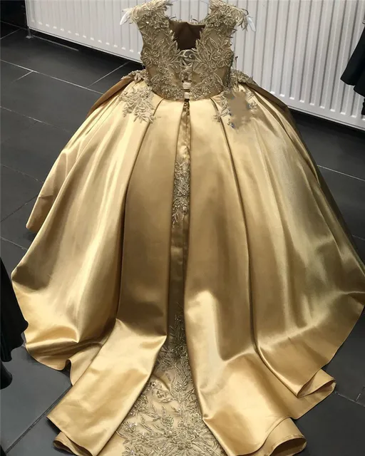 Gold Flower girl Dress for Wedding Lace Applique Satin Kids Birthday Party Dress Pageant Gown Gold