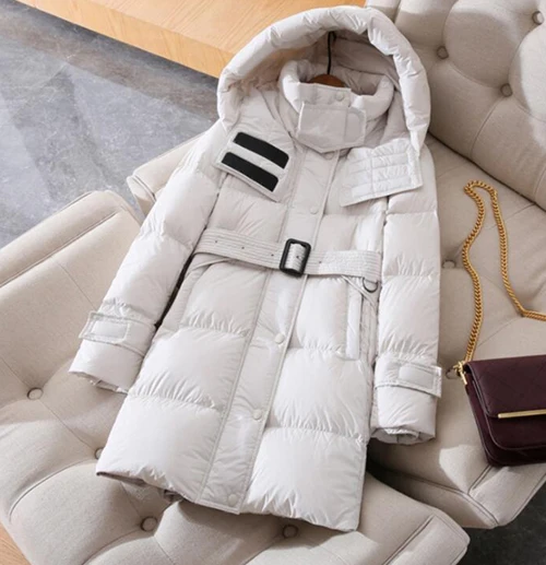 YNZZU новое зимнее женское пальто Женская куртка с капюшоном с поясом женский пуховик утепленная водолазка теплые зимние пальто A1335 - Цвет: Белый