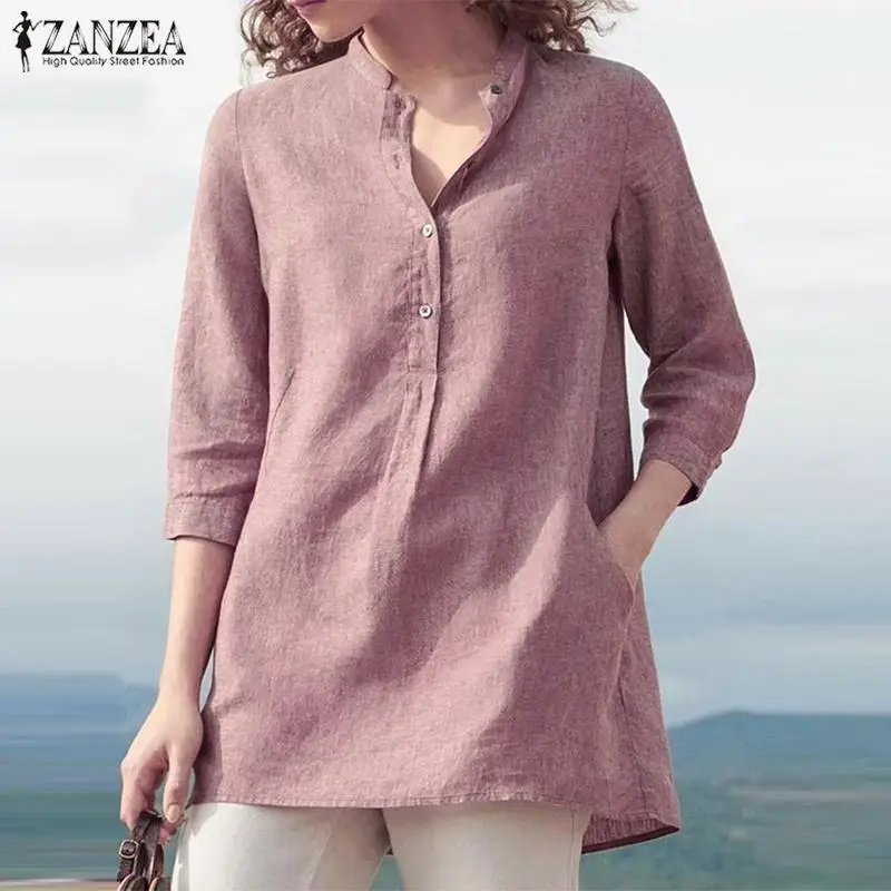 

Plus Size Women Blouse ZANZEA 2019 Autumn Lady 3/4 Sleeve Solid Tunic Tops V Neck Buttons Shirt Femininas Pockets Cotton Blusas
