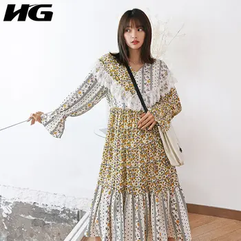 

HG French Style Vintage Dress Women Lace Splice Long Sleeve V Neck Loose Chiffon Dresses Plus Size Spring and Autumn 2020 XJ3860