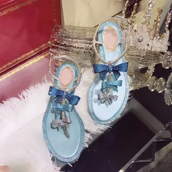 

Hanbaidi Pink Blue Women Summer Sandals Luxury Rhinestone Bowknot Peep Toe Buckle Strap Women Flats Runway Women Outdoor Shoes