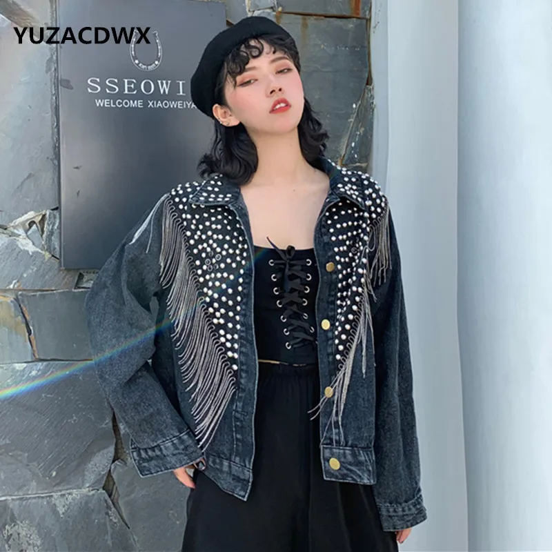 

2019 New Women Autumn Hand-studded Rivet Tassel Chain Short Jeans Coat Woman's Loose Jacket Coat Fashion Streetwear Denim Jacket