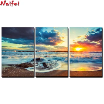 

5d Diamond Painting Full square round Seascape sunrise sunset clouds seaside triptych Embroidery Decoration For Home Diamond Art