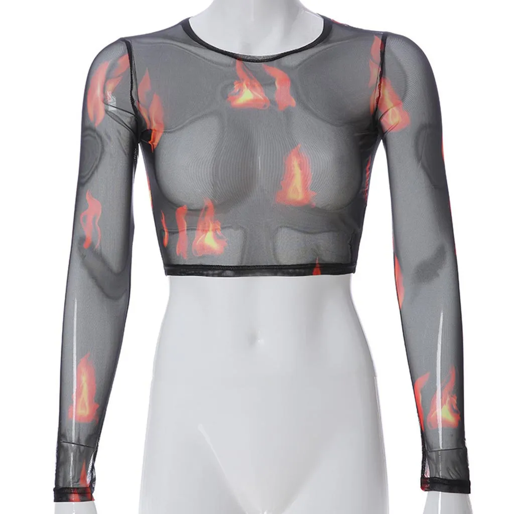 Женская водолазка с длинным рукавом принтом звездного огня сетчатый короткий