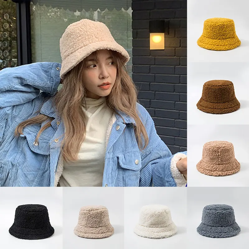 

Winter Unisex Bucket Cap Warm Solid Color Casual Fisherman Hat All-match Japanese Style Simple Soft Wool Furry Round Hats