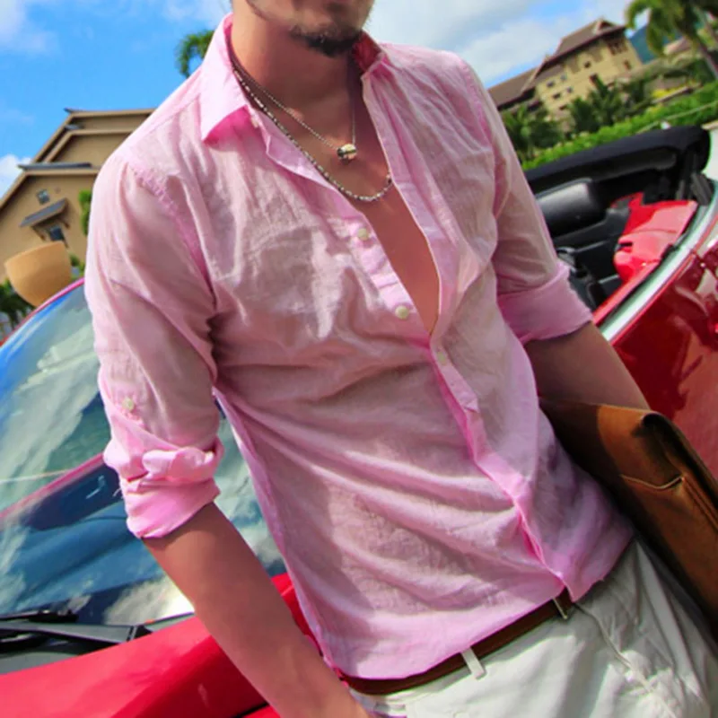 Oeak, мужские сексуальные пляжные рубашки, белая, черная, с длинным рукавом, Повседневная рубашка, брендовая, тонкая, одноцветная, льняная рубашка, высокое качество
