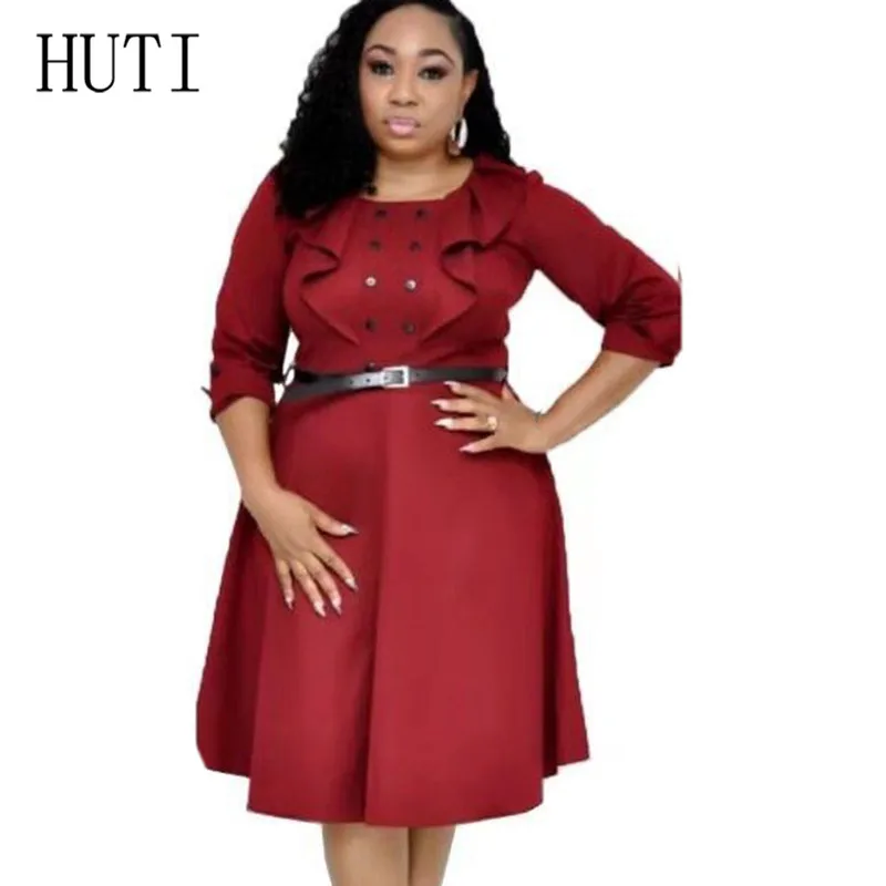 

HUTI African Popular Wave Stitching Double-row Button Decoration Commuter Large Size Dress with Belt Ladies Elegant Skinny Dress