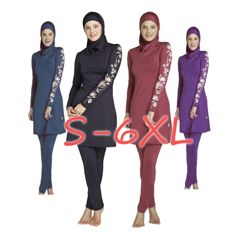 

3 6 Pcs Muslim Large Size Swimsuit Women's Conservative Swimwear Islamic Beach Dress Bathing Swim Surf Wear Sport Bikinis S-xl