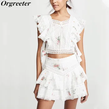 

2019 Runway Design Lace Tops and Shorts Set Women Printed Embroidery Hollow Crop Top and Ruffles Shorts 2 Piece Set