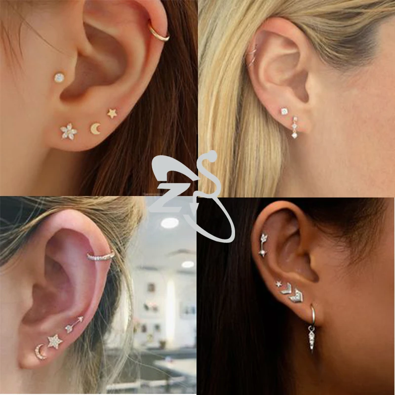 ZS 8-22pcs/lot Stainless Steel Mini Stud Earrings Set Heart Moon Star Round Earrings for Women Ear Tragus Helix Piercing Jewelry