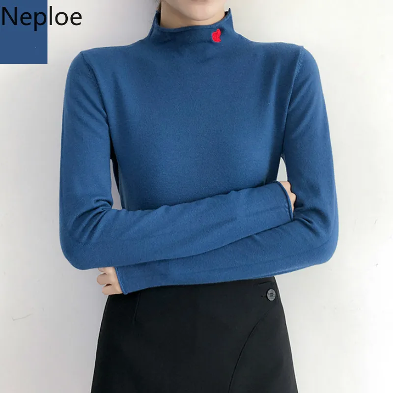 Neploe, облегающий пуловер, свитер, половина, высокий ворот, длинный рукав, вязаный джемпер, Pull Femme, джерси, с вышивкой в виде сердца, топ, зима, Fall47851