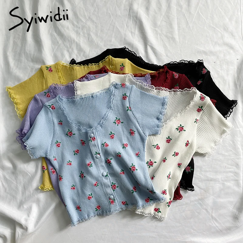 Knitted Cardigan Crop-Top Vintage Sweaters Flower Lace Syiwidii Pink Black Purple White