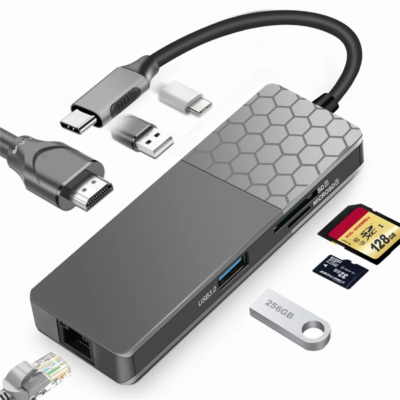 S SKYEE 7-в-1 USB-C док-станция Hub адаптер для ноутбука с 2* USB 3,0 Тип-C PD/4 K HD Дисплей/Ethernet порт/устройство для чтения карт