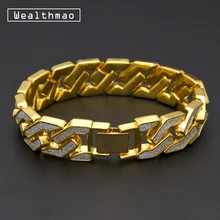 Пескоструйный браслет, кубинская цепочка, сплав, льдом, хип-хоп, золотой, серебряный тон, блестящий кристалл, тяжелый, 15 мм, для мужских браслетов 8,6"