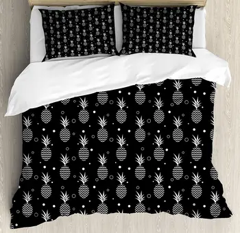 

Tropical Duvet Cover Set Monochrome Pineapples with Abstract Zigzag Design on a Greyscale Background Bedding Set Black and White