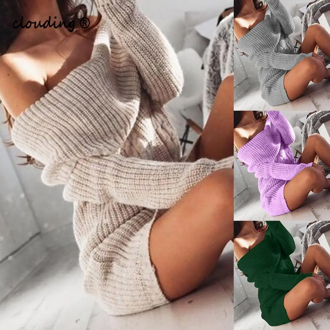 

Off Shoulder Sweater Knitted Dress Women Long Sleeve Sweater Dress Women Autumn Winter Loose Tunic Knitted Casual Solid Dresses