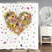 

Valentines Day Shower Curtain Hearts Shaped Flower Balloon Butterfly Grass Sunflowers Bath Curtains Bathroom Decor with Hooks
