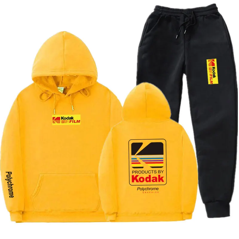 Японский уличная Толстовка Комплект Спортивный костюм для мужчин термальная спортивная одежда наборы Kodak толстовки и брюки Повседневный свитер спортивный костюм - Цвет: Yellow MK98