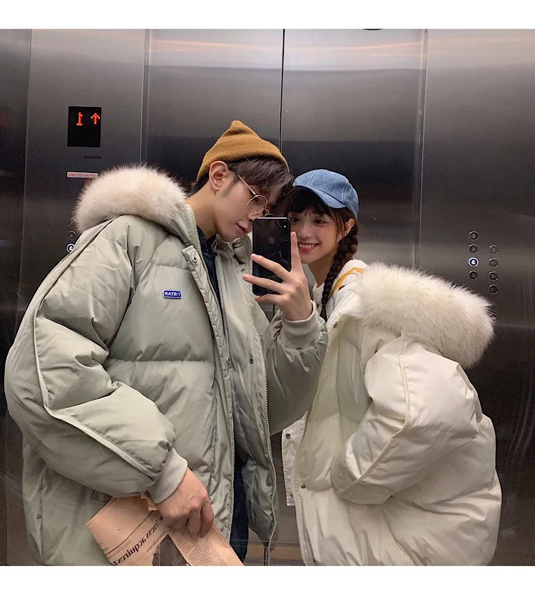 Couple Clothes Winter New Style Cotton-padded Clothes Winter down Coat Hooded Large Fur Collar Coat Men's INS Super Fire Trend C